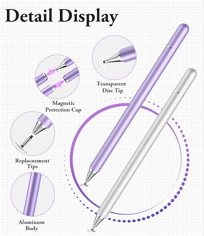 Stylus Pen for iPad, LUNTAK Stylus Pens for Apple/iPhone/Ipad pro/Mini/Air/Android/Microsoft/Surface All Capacitive Touch Screens Universal with 4 Replacement Tips (2 Pcs, Purple and Silver)