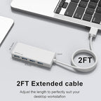USB Hub, Multiport USB Splitter Adapter, 2 ft Long Cable USB 3.0 Hub, USB Extender for Laptop, PC, iMac, Surface Pro, MacBook, Mac Pro, Flash Drive, XPS, Mouse, HDD【White】