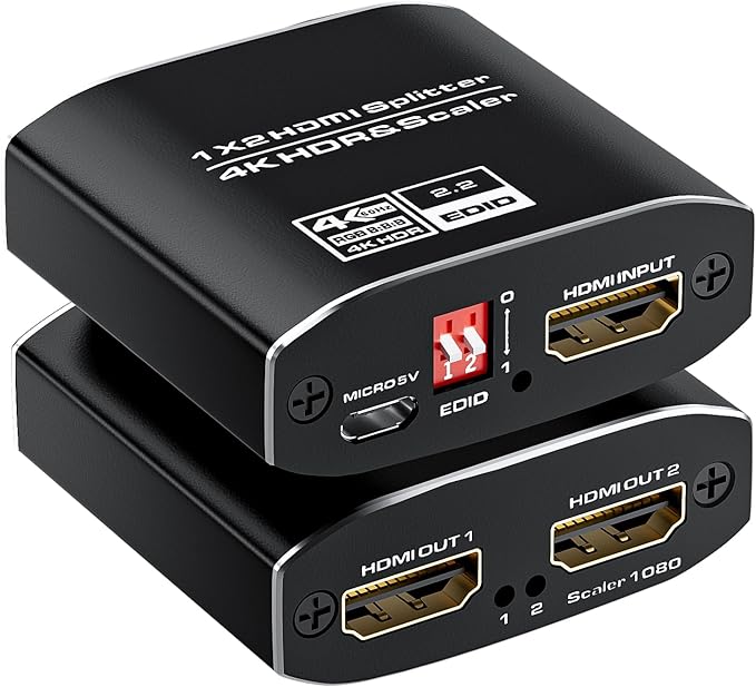 1x2 HDMI Splitter, HDR 4K@60Hz HDMI spliter 1 in 2 Out, Supports HDMI 2.0, HDCP 2.2, Mirror Screen Monitors Supports EDID Control for Xbox PS3/4/5 PC DVD Fire Stick Blu-Ray Player TV
