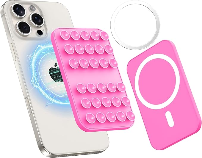 Patented Magnetic Sticky Phone Suction Grip Mount for MagSafe Case,Magnet Silicone Portable Stand Holder for iPhone 16/15/14/13/12 Series and Android, Hands-Free Selfies and Videos,Hot Pink