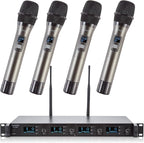 Wireless Microphone System, 4-Channel UHF Wireless Mic, Fixed Frequency Metal Cordless Mic with 4 Handheld Dynamic Microphones, 200ft Range, Mics for Singing, Church (4 Handheld)