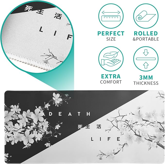 Black and White Mouse Pad 31.5 X 11.8 Inch Japanese Cherry Blossom Extended Large Mouse Mat Non-Slip Rubber Mousepad Stitched Edges Keyboard Mouse Mat Desk Pad for Office Home Game