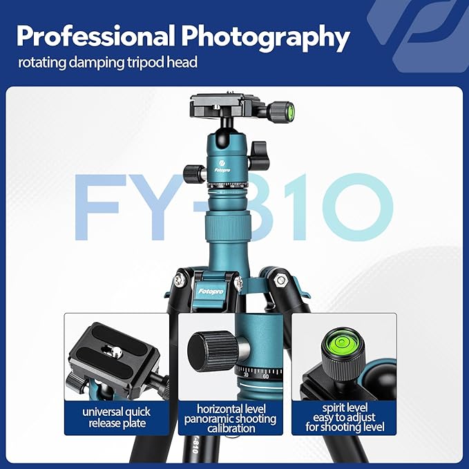 Fotopro Mini Tripod with Ball Head Phone Mount Detachable Selfie Stick Folded only 8.6" Max Load up to 6.6 lbs FY-810 Blue