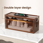 Extra Large Cable Management Box – Brown Double Layer Wooden Cord Organizer with Divider for Desk, TV Stand, Kitchen, and Office （NO Power Strips or Chargers）
