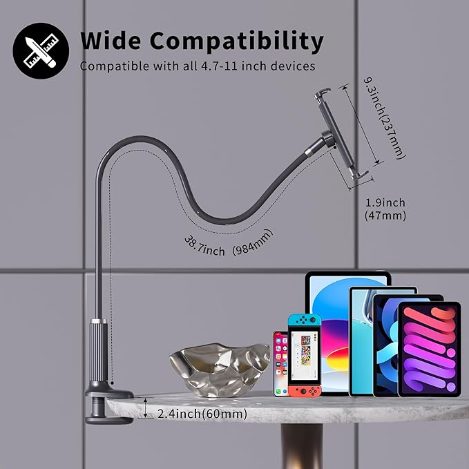 K-MT 【38.7inch/98cm】 Tablet Phone Holder Bed Gooseneck Mount, Mount Holder Clip with Grip Flexible Long Arm Compatible for ipad iPhone/Switch/Samsung Tabs/Kindle Fire HD K-MT(Black)