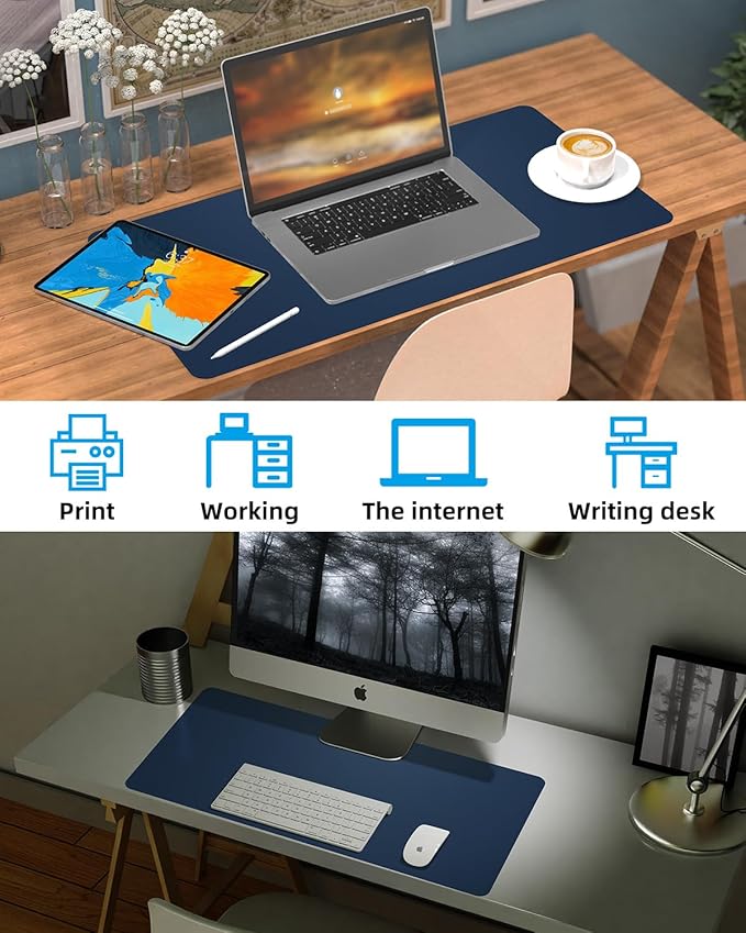 Pu Leather Desk Protector & Writing Pad, Non-Slip Laptop Mat - Waterproof, Office/Home (23.6"x13.8", Midnight Blue)