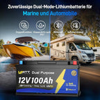 12V 100Ah Dual Purpose Marine Cranking LiFePO4 Lithium Battery Bluetooth 1200CCA / 1500MCA, Starting Lithium Batterys with Self-Heating, Built-in 200A BMS, Perfect for Trolling Motor, Boat
