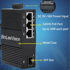 Industrial Mini Gigabit Ethernet Switch 3-Port RJ45 10/100/1000BASE-T+1-Port SFP Slot,Unmanaged Network Switch,Network Hub,Dinrail Mount or Wall-Mount,Plug & Play,Fanless (3 RJ45+1 SFP with PoE)