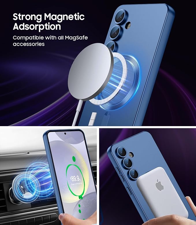 Magnetic for Samsung Galaxy S24 Plus Case [Compatible with MagSafe][Built-in Camera Lens Protector] Slim Soft Silicone Bumper Shockproof Metallic Luster Phone Case (Blue)