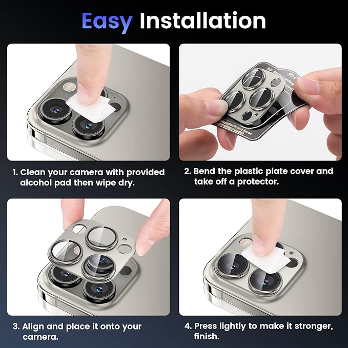 Tensea for iPhone 16 Pro/iPhone 16 Pro Max/iPhone 15 Pro/iPhone 15 Pro Max Camera Lens Protector, Metal Aluminum Alloy Tempered Glass Cover Camera Screen Protector Accessories, Case Friendly