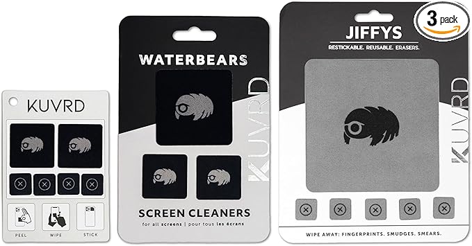 KUVRD Waterbear - Universal Screen Cleaners - Teeny Tiny Cleaning Tools for Your Lenses & Screens, Family Pack (1 Patch Set, 1 Pad Set, 1 Phat Pack Set)