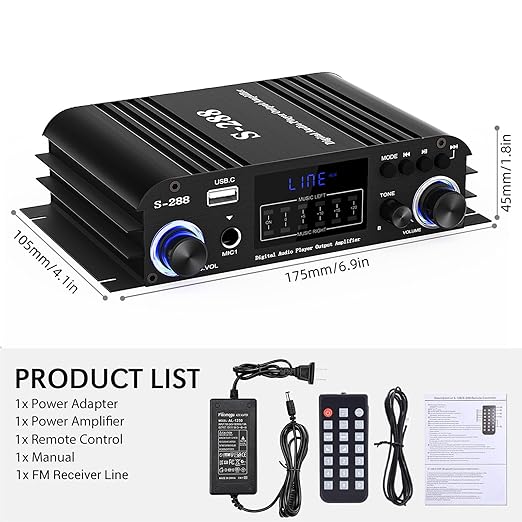 Facmogu S-288 4 CH Bluetooth 5.0 Home Audio Amplifier, RMS 45Wx4, Max 600W HiFi Stereo Power Amplifier USB, SD, FM Class D Speaker Amp for Home Theater Karaoke, with Power Adapter & Remote Control