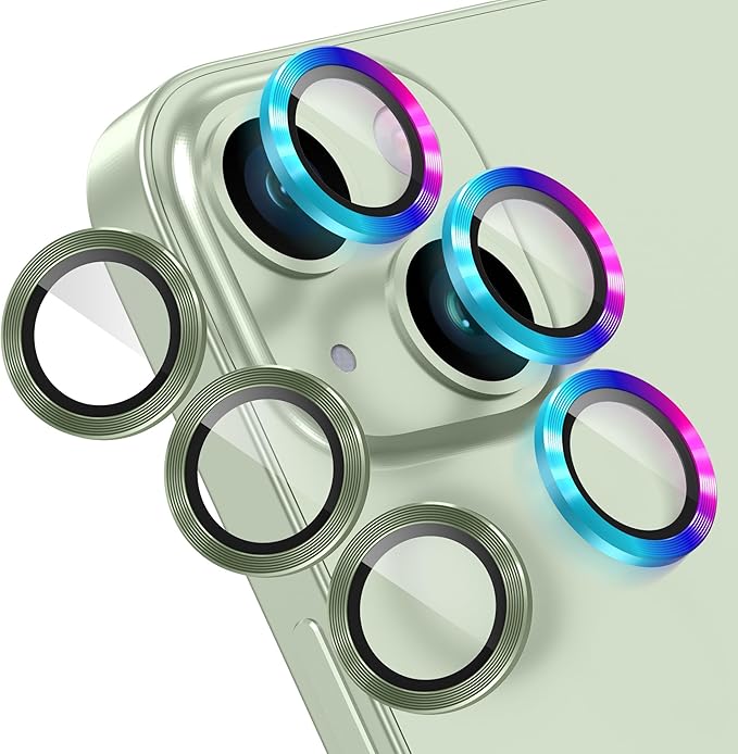 AGVEE 3+3 6 Pack for iPhone 15 6.1" / 15 Plus 6.7" Camera Lens Cover Protector, Metal Ring 9H Tempered HD Glass Camera Cover Protector Film, Green