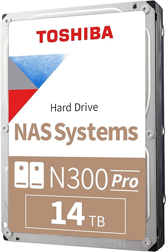 Toshiba N300 PRO 14TB Large-Sized Business NAS (up to 24 bays) 3.5-Inch Internal Hard Drive - Up to 300 TB/year Workload Rate CMR SATA 6 GB/s 7200 RPM 512 MB Cache - HDWG51EXZSTB