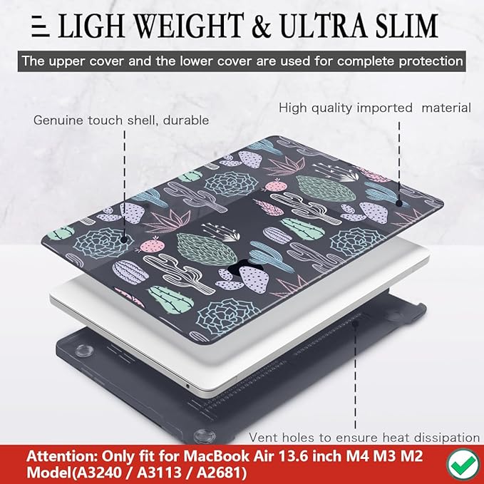 CISSOOK Laptop Hard Shell Case for MacBook Air 13.6 Inch Case 2025 2024 2022 Release Model A3240 A3113 A2681 Cute Cacti Shell with Keyboard Cover for MacBook Air 13-inch M4 M3 M2 Chip, Cactus