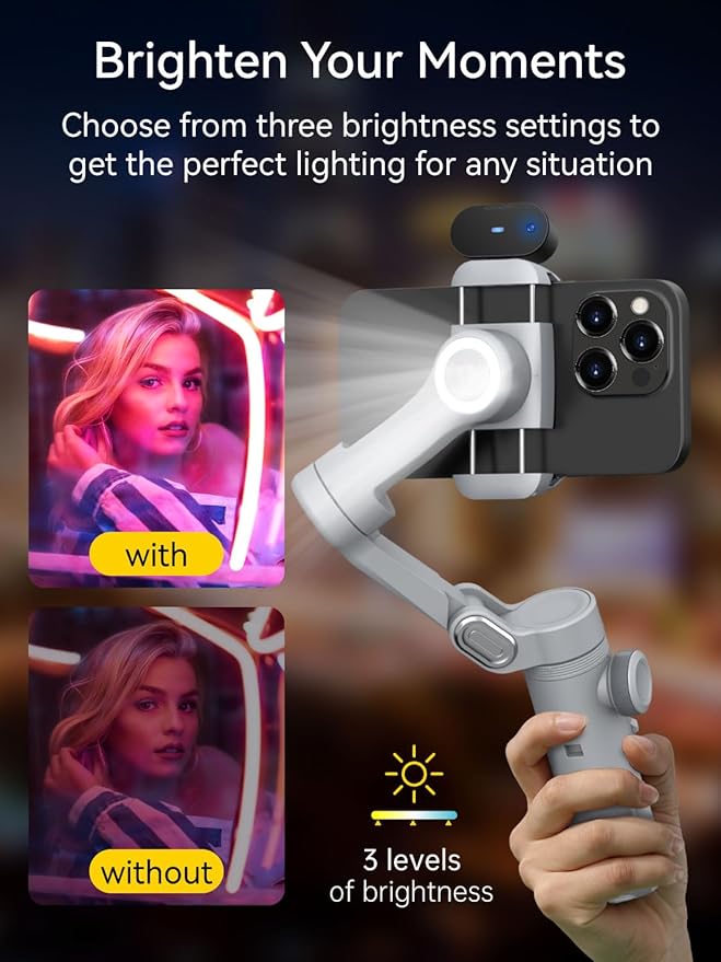 3-Axis Phone Gimbal, Gimbal Stabilizer for iPhone w/AI Vision Sensor, Portable for iPhone/Andriod, Phone Stabilizer Built in Fill Light Perfect for TikTok YouTube-Smart XPro AI Grey