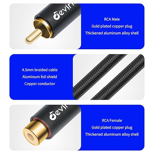 Devinal RCA Extension Cable - RCA Male to Female Nylon-Braided Durable, Flexible, and Enhanced Audio/Video Connectivity for Home Theater, Gaming, and Audio Systems 3 Feet 2-Pack