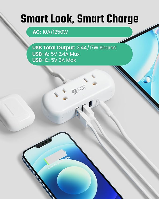 SUPERDANNY Power Strip with USB, 9.8ft Mini Desktop Charging Station with 2 Wide-Spaced Outlets & 4 USB Ports, Portable Flat Plug Extension Cord for Travel, Dorm, Room, Home Office Essentials, White