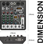 4 Channel Audio Mixer, Professional DJ Mixer Sound Board Mixing Console with 99-Bit DSP Effect, Bluetooth USB Interface Stereo Mixer Board with 48V Phantom Power For Recording Live Stream