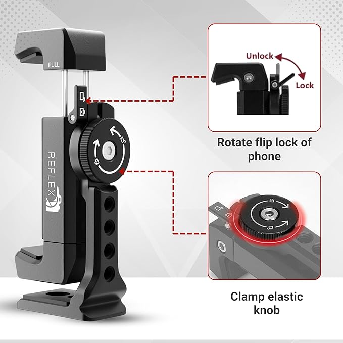 REFLEX CAMERA Metal Mobile Phone Tripod Mount, 360° Rotatable with Cold Shoe Mount, Universal Smartphone Attachment Clamp, 1/4" & 3/8" Mounting Screw Holes, Arca Swiss compatible Base Plate for iPhone