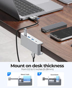 ORICO USB Hub 3.0, Clamp USB Hub with Extra Power Port, 3 USB-A Data Ports, USB-C Port for Monitors, Desks(Silver)