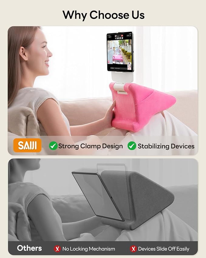 SAIJI Tablet Kindle Stand Pillow - iPad Holder for Lap Reading in Bed, with Lifter & Angle Adjustable Multi-Function Clip for 4-13" Tablets, iPad, Kindle, Phone, Pink