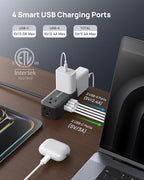 TROND 360° Rotating Flat Plug Power Strip, 10FT Extension Cord with 4 USB Ports, 4 Wide Spaced AC Outlets, Wall Mount, 900J Surge Protector for Office Travel Dorm Room Essentials, Black