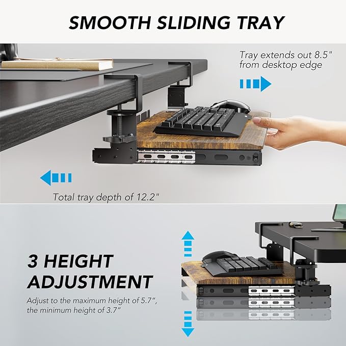 AX WABER Keyboard Tray Under Desk Pull Out with Extra Sturdy C Clamp Mount System, 27.3 (32.5 inch Including Clamps) x 11 Inch Slide-Out Platform Computer Drawer for Typing Vintage AX01WG02