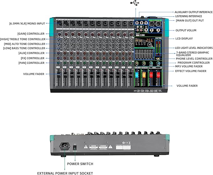Depusheng PA12 Professional Audio Mixer Sound Board Console Desk System Interface 12 Channel Digital USB Bluetooth MP3 Computer Input 48V Phantom Power Built-in 256 Reverb Effect, Black