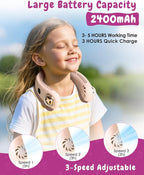 Neck Fan for Kids,Bladeless Portable Fan Rechargeable for 4-14Y Girls & Boys, 2400mAh USB Personal Cooling Mini Fan Rechargeable for Travel/Disney/Camping, 3 Speeds, Summer Essentials(Beige)