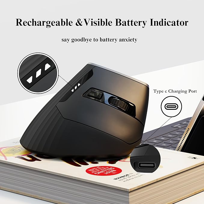 Vertical Mouse Wireless,Bluetooth Mouse with BT5.0/4.0/2.4G, Rechargeable with Battery Indicator,Ergonomic Design for Comfort and Reduced Wrist Strain, Ideal for Home,Office Use,Black