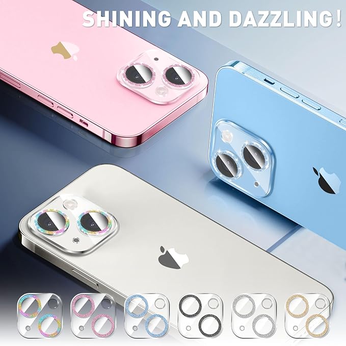 LucBuy 3PCS Sparkling Camera Lens Protector for iPhone 16/iPhone 16 Plus, Full Clear Acrylic Cover with Shiny Colorful Glitter Designed Decoration Back Camera Protector