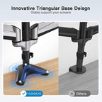 HUANUO Triple Monitor Stand - Full Motion Articulating Gas Spring Monitor Mount Fit Three 17 to 32 inch Flat/Curved LCD Computer Screens with Clamp, Grommet Kit, Silver