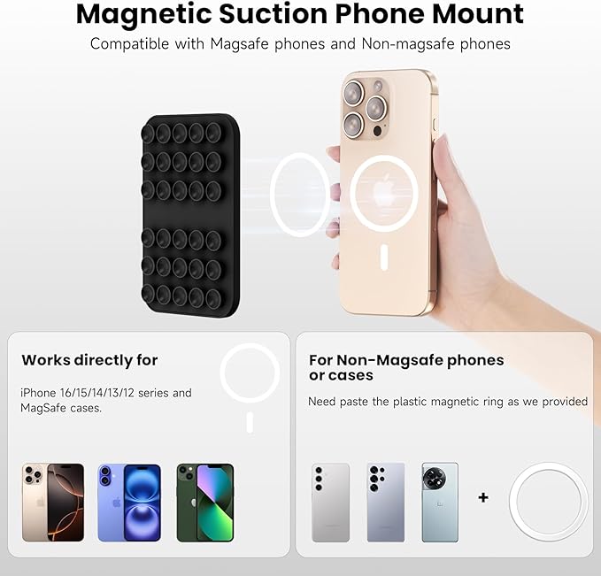 Patented Magnetic Sticky Phone Suction Grip Mount for MagSafe Case,Magnet Silicone Portable Stand Holder for iPhone 16/15/14/13/12 Series and Android, Hands-Free Selfies and Videos,Black