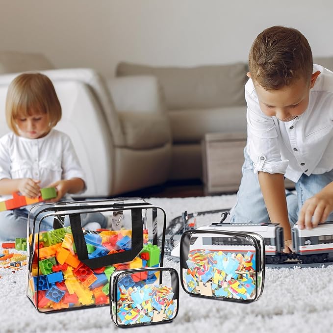 18 Packs Large Toy Storage Bags with Labels, Clear PVC Bags Travel Waterproof Kids Toy Organizer Bags with Zipper for Building Blocks Puzzle Kids Books (Black)