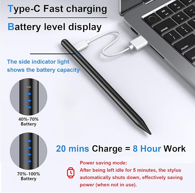 Stylus Pen for iPad 9th&10th - Fast Charge for iPad Pencil Palm Rejection Active Pen Compatible with (2018-2025) Apple iPad 6/7/8/9/10/11(A16), iPad Pro 11"/12.9"/M4, Mini 5/6, Air 3/4/5/M2/M3 (Black)