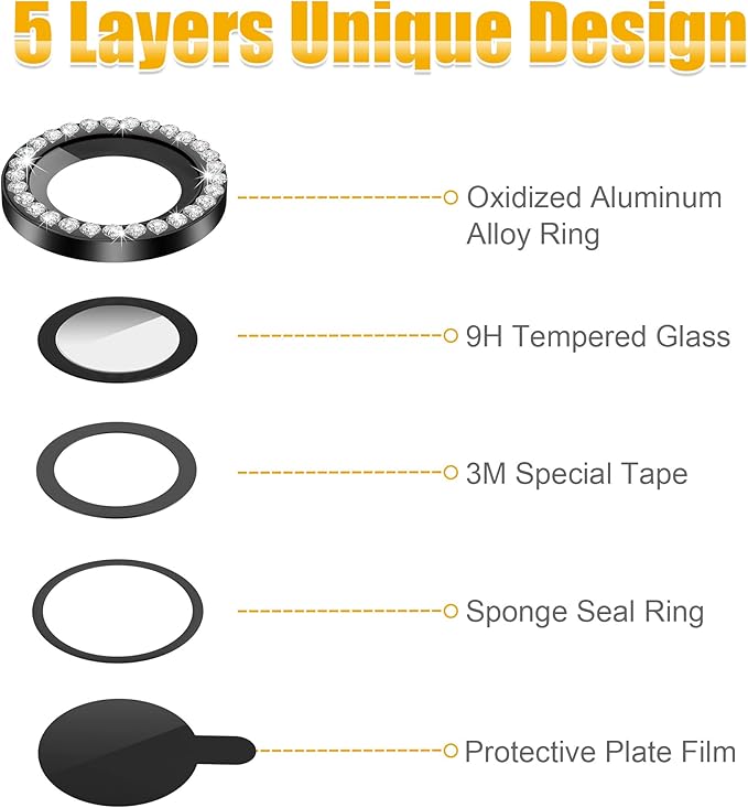 AGVEE 3+3 6 Pack for iPhone 14 Pro 6.1" / 14 Pro Max 6.7" Camera Lens Protector, Bling Diamond & Bling Glitter Metal Ring 9H Tempered HD Glass Camera Protector Cover Film, Bling-Black