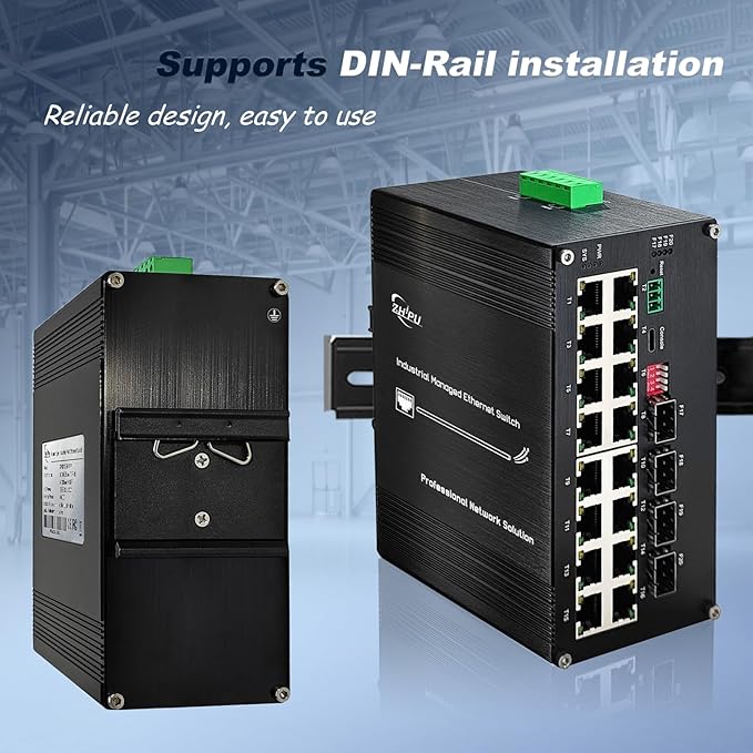 16-Port Gigabit Network Switch with 4 SFP Slot, L2+ Managed PoE Ethernet Switch, Support IEEE802.3af/at, Ring Network, VLAN, STP/RSTP, Plug and Play, Din Rail Installation