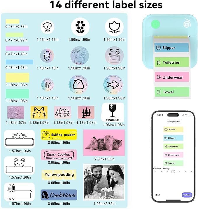 Label Maker Machine - Portable Bluetooth Mini Label Printer - Smartphone Handheld Thermal Sticker Small Labeler Multiple Templates Font Icon Inkless Custom Label for Home Kids School Items