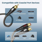 RCA Splitter Cable 1 Male to 2 Female Y Adapter with Copper Shell & 24K Gold-Plated Connector RCA Male to Dual RCA Female Extension Cord Black/1ft/0.3m