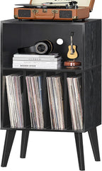 Lerliuo Record Player Stand, Black Turntable Stand Holds up to 160 Albums, Mid-Century Vinyl Storage Cabinet Table with Solid Wood Legs, Record Player Holder Dispaly Shelf for Bedroom Living Room