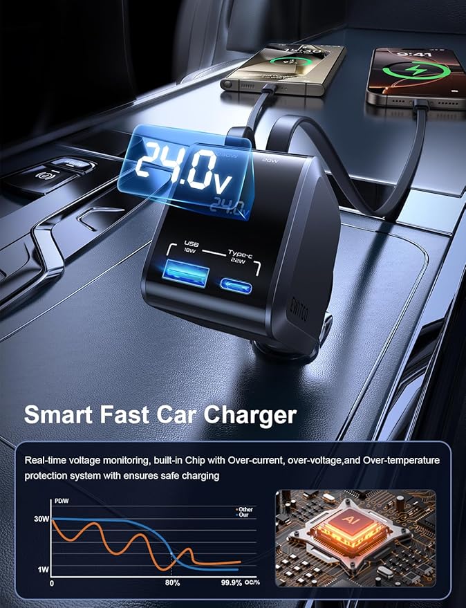 Retractable Car Charger, Car Accessories, 72W Fast Charging USB C Car Charger with 4FT Retractable Cables and 2 Ports, for iPhone 16 15 14 13 12, Samsung etc Warm Grey