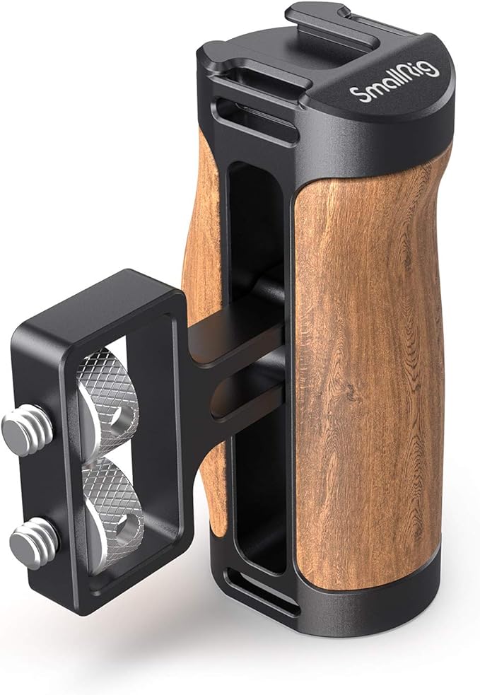 SMALLRIG Wooden Mini Handle Side Handgrip with 1/4"-20 Screws for Mirrorless Digital Camera DSLR Camera Small Camera Cage with Cold Shoe Mount Built-in Wrench, Up and Down Adjustable - 2913