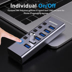Powered USB Hub with TF/SD Card Reader, 8-Port USB 3.0 Hub with 6 USB 3.0 Data Ports, USB Spilter with Individual On/Off Switches，Aluminum USB Hub with AC Adapter for PC, Desktop, MacBook