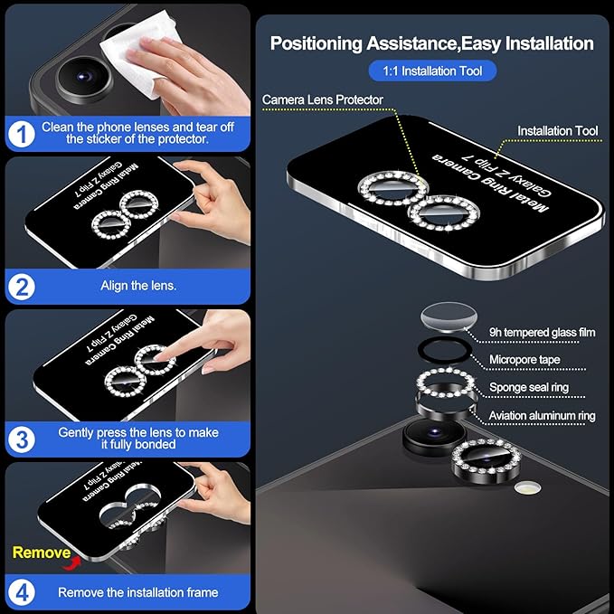 for Samsung Galaxy Z Flip 7 Camera Lens Protector, Individual Metal Ring Tempered Glass Lens Cover, [Strong Adsorption] Scratch Resistant Ultra-Thin HD Clear Lens Cover, 1 Set-Black Diamond