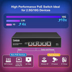YuanLey 5-Port 10G PoE Switch Unmanaged with 4-Port PoE, 4 x 10G Base-T RJ45 Ports, 1 x UpLink, IEEE802.3af/at, 65W Built-in Power, Compatible with 1G/2.5G/5G/10G, Rackmount 10Gbe Network Switch