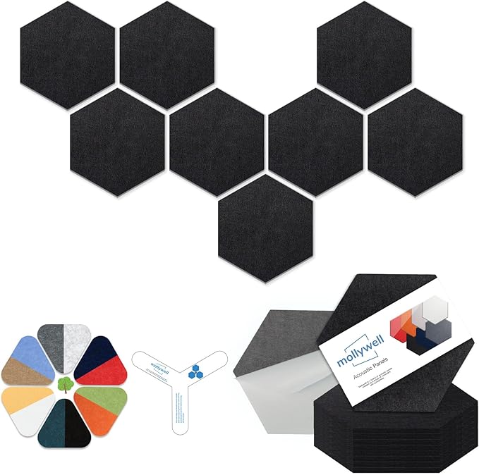 Mollywell Hexagon Acoustic Panels, High Density, Soundproofing, Decorative Noise Reduction Felt Wall Tiles for Ceilings, Home Office & Gaming Room (Black), 12x10x0.4 Inch
