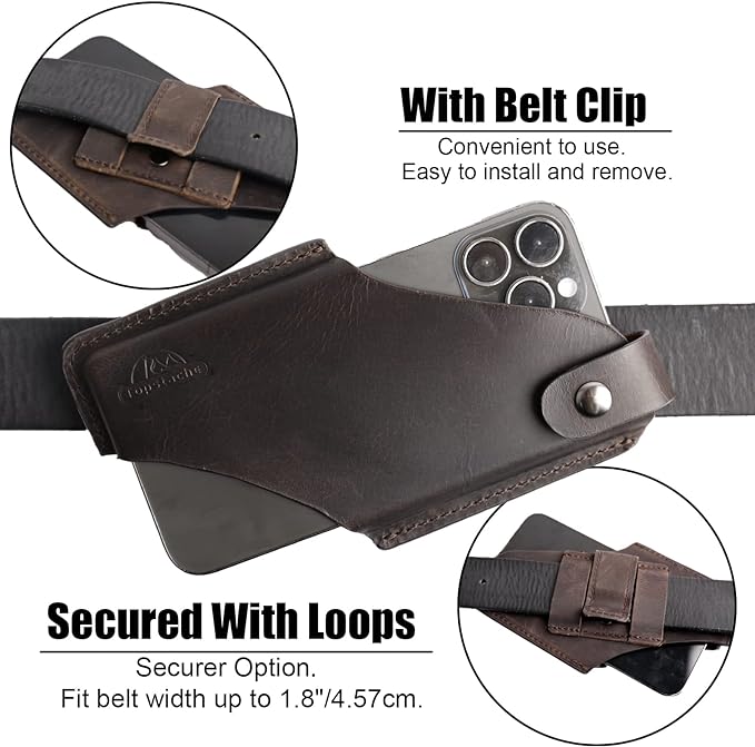 Topstache Leather Phone Holster - Magnetic Clip Case for iPhone & Samsung, Dark Brown