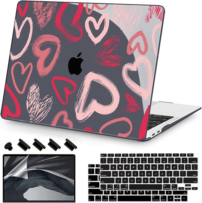 Teryeefi for MacBook Air 13 inch Case M1 A2337 A2179 A1932 (2020 2019 2018 Releaes) with Retina Display with Touch ID, PC Plastic Hard Shell & Keyboard Cover & Screen Protector, Heart A002