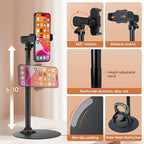 Adjustable Phone Stand for Desk with Clip Mount Live Streaming: 360° Rotatable Overhead Shot Holder with Sturdy Metal Base, Compatible with TikTok, YouTube, Zoom Video Recording (Black)